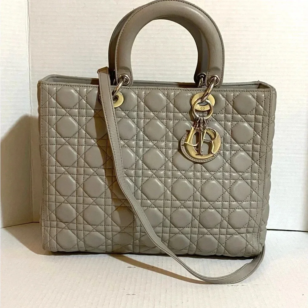 Christian Dior gray quilted leather cannage handbag